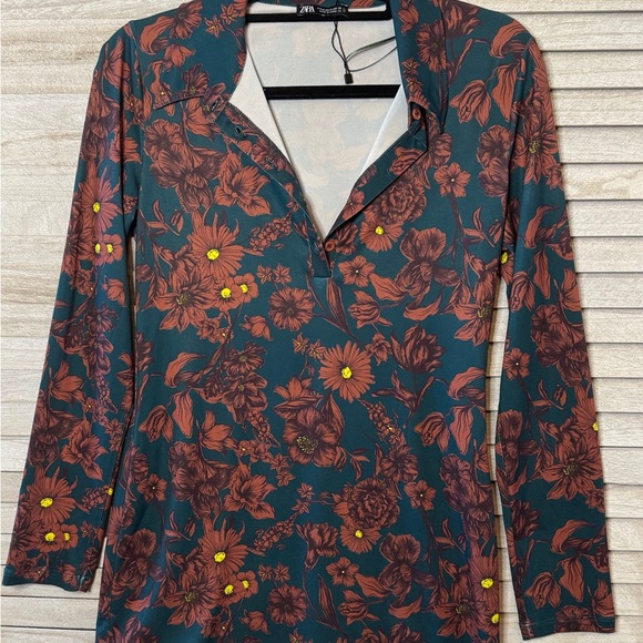 Zara Floral Long Sleeve Mini Dress - Green and Brown. NWOT. Boho. Poly/Stretch - Picture 10 of 11
